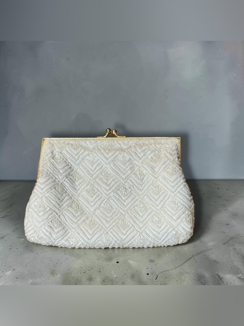 Vintage White Beaded Evening Bag Art Deco Clutch Purse Gold Chain Strap